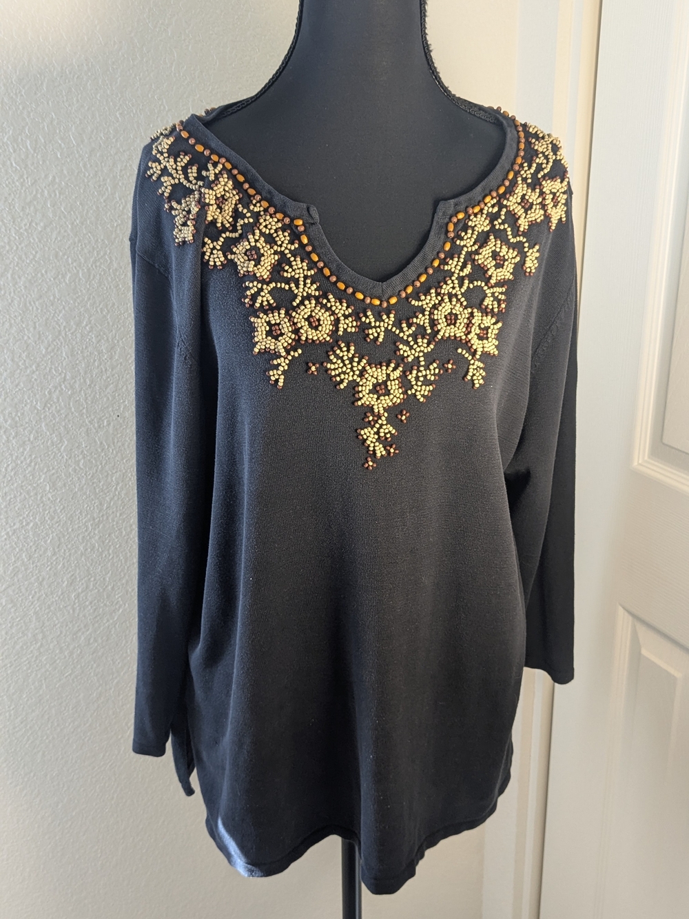 Coldwater Creek Silk Blend Beaded Tunic Sweater XL Black Boho Embellished Top